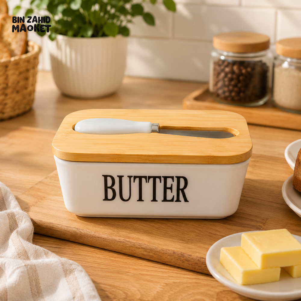 CERAMIC BUTTER DISH WITH BAMBOO LID & KNIFE - SQUARE