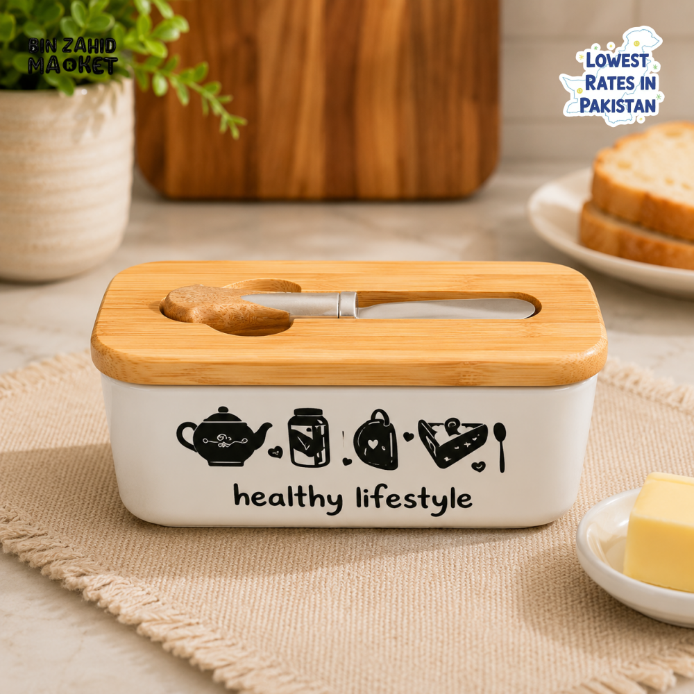 CERAMIC BUTTER DISH WITH BAMBOO LID & SPREADER