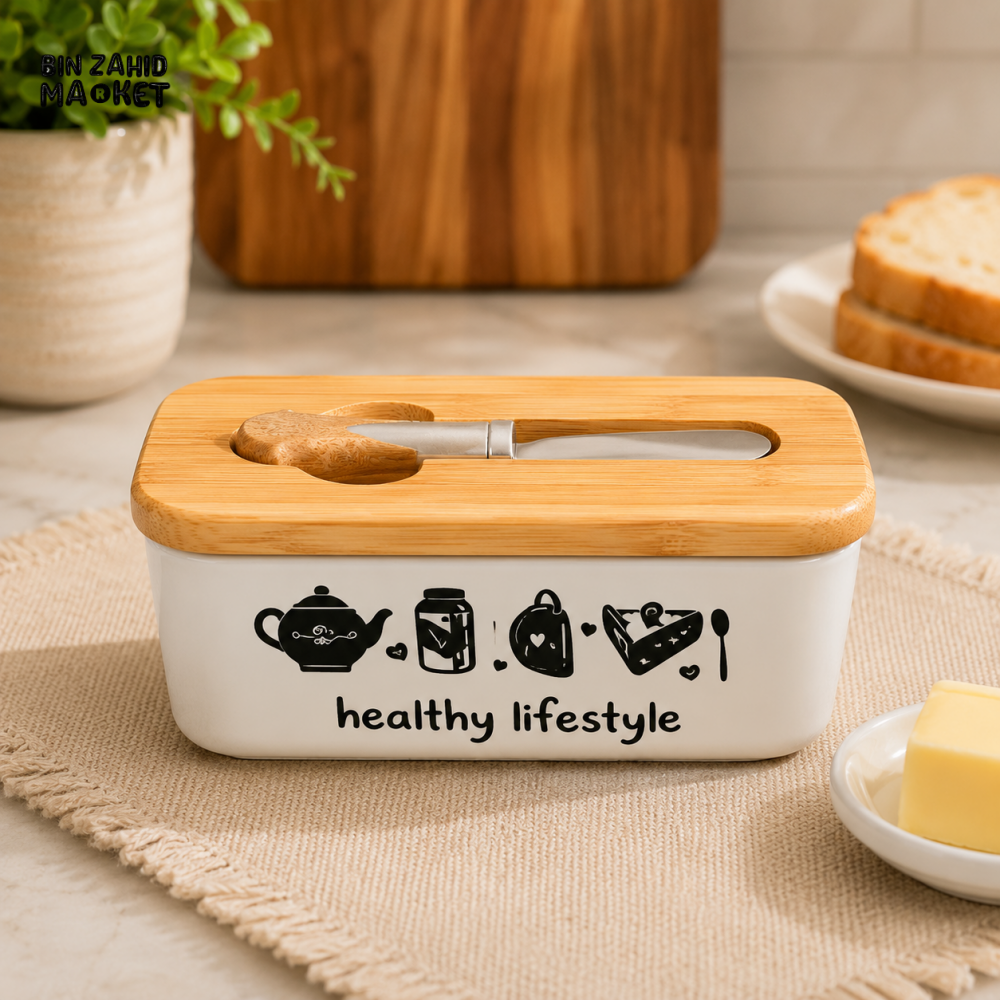 CERAMIC BUTTER DISH WITH BAMBOO LID & SPREADER