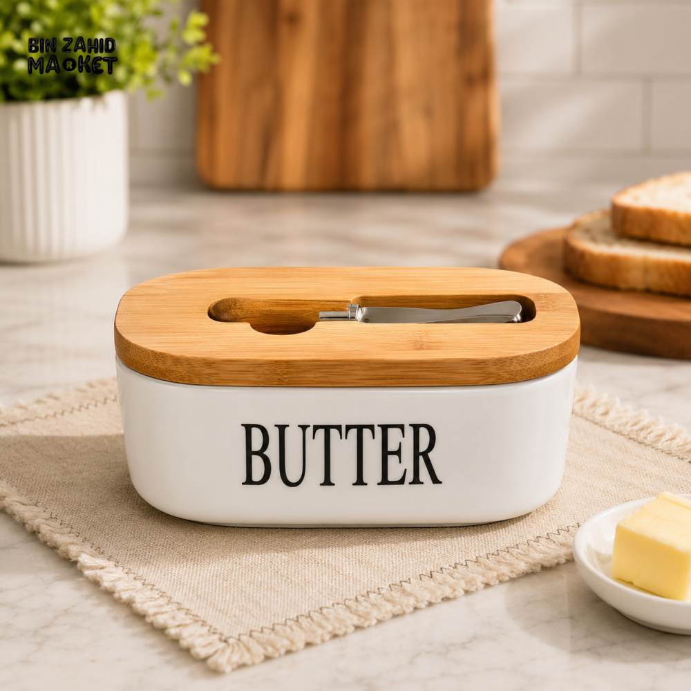 CERAMIC BUTTER DISH WITH BAMBOO LID & SPREADER - RECTANGULAR OVAL