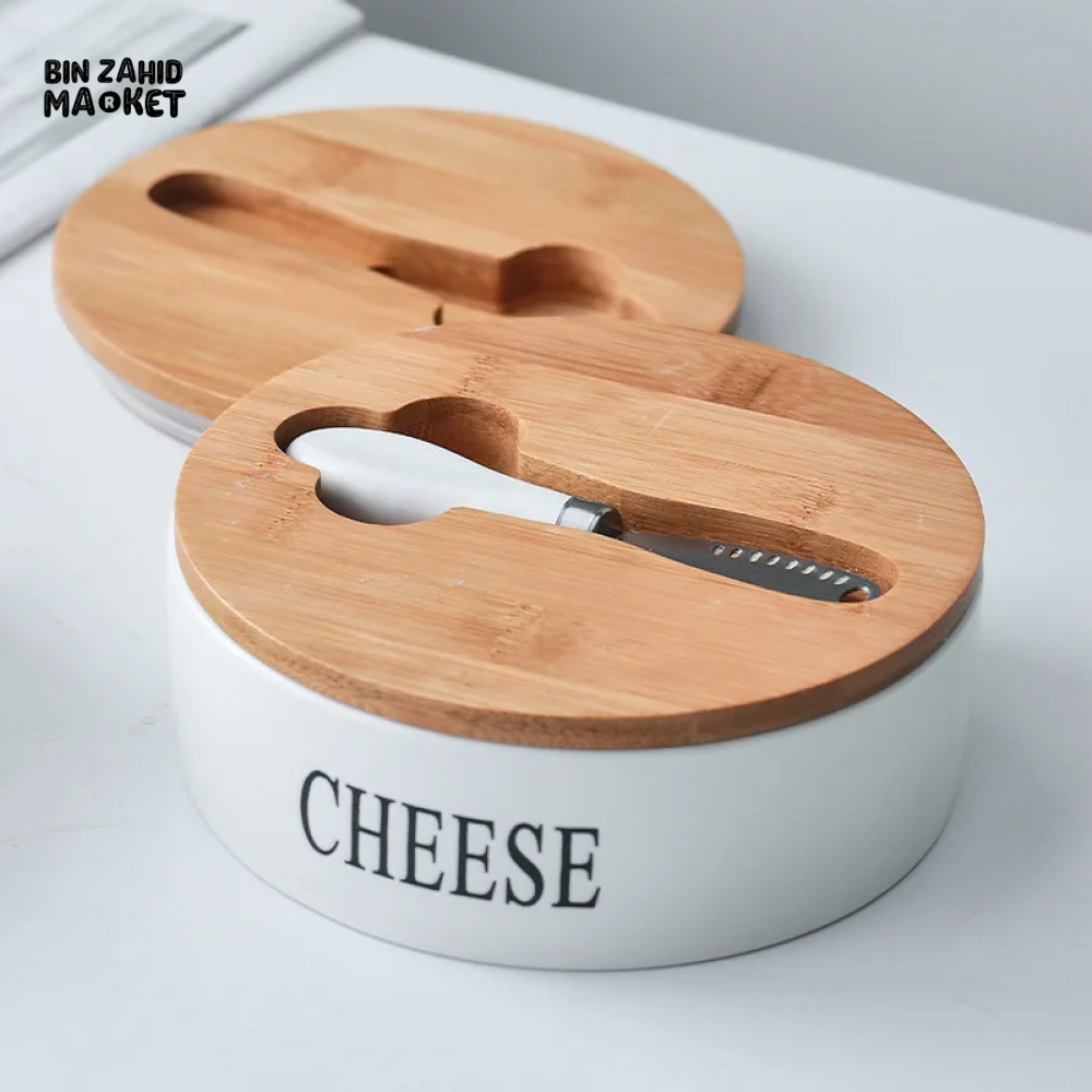 CERAMIC CHEESE STORAGE BOX WITH LID AND KNIVES SET BUTTER PLATE AND CHEESE SEALING TRAY CONTAINER