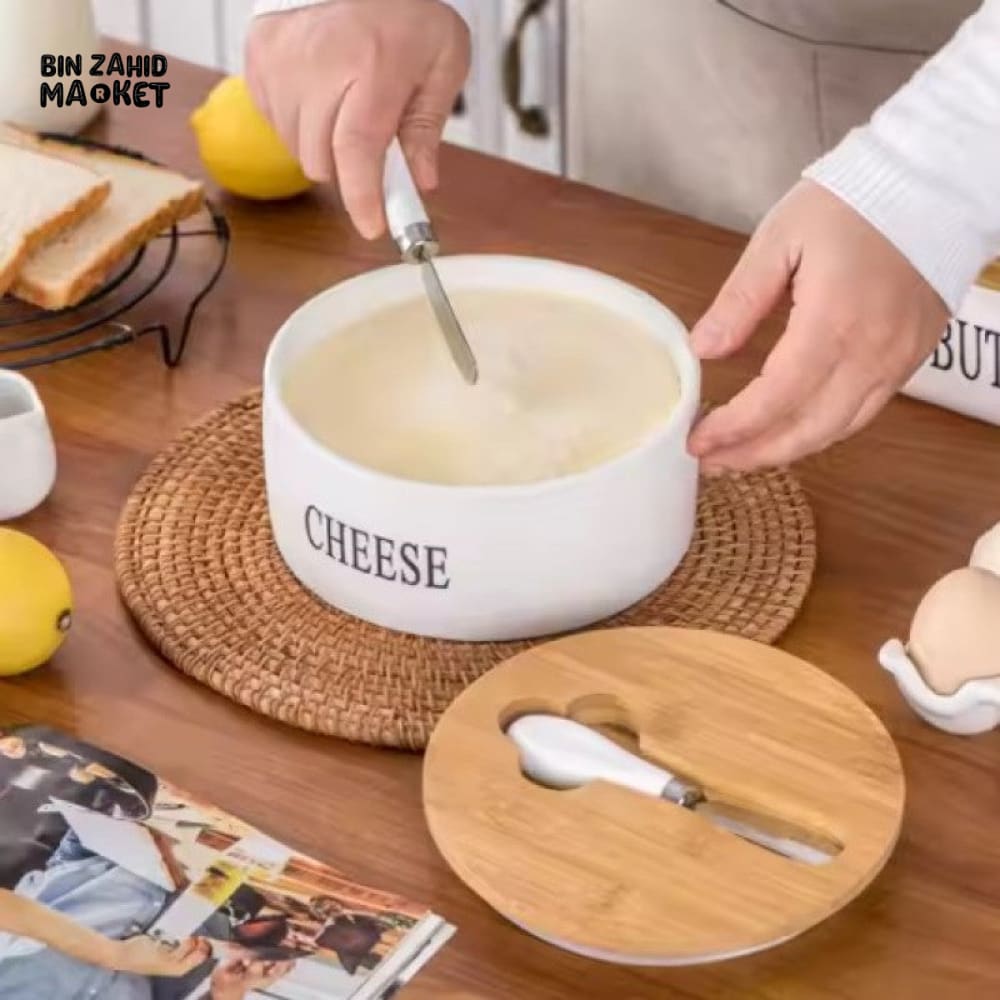 CERAMIC CHEESE STORAGE BOX WITH LID AND KNIVES SET BUTTER PLATE AND CHEESE SEALING TRAY CONTAINER