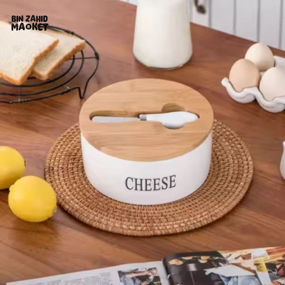 CERAMIC CHEESE STORAGE BOX WITH LID AND KNIVES SET BUTTER PLATE AND CHEESE SEALING TRAY CONTAINER