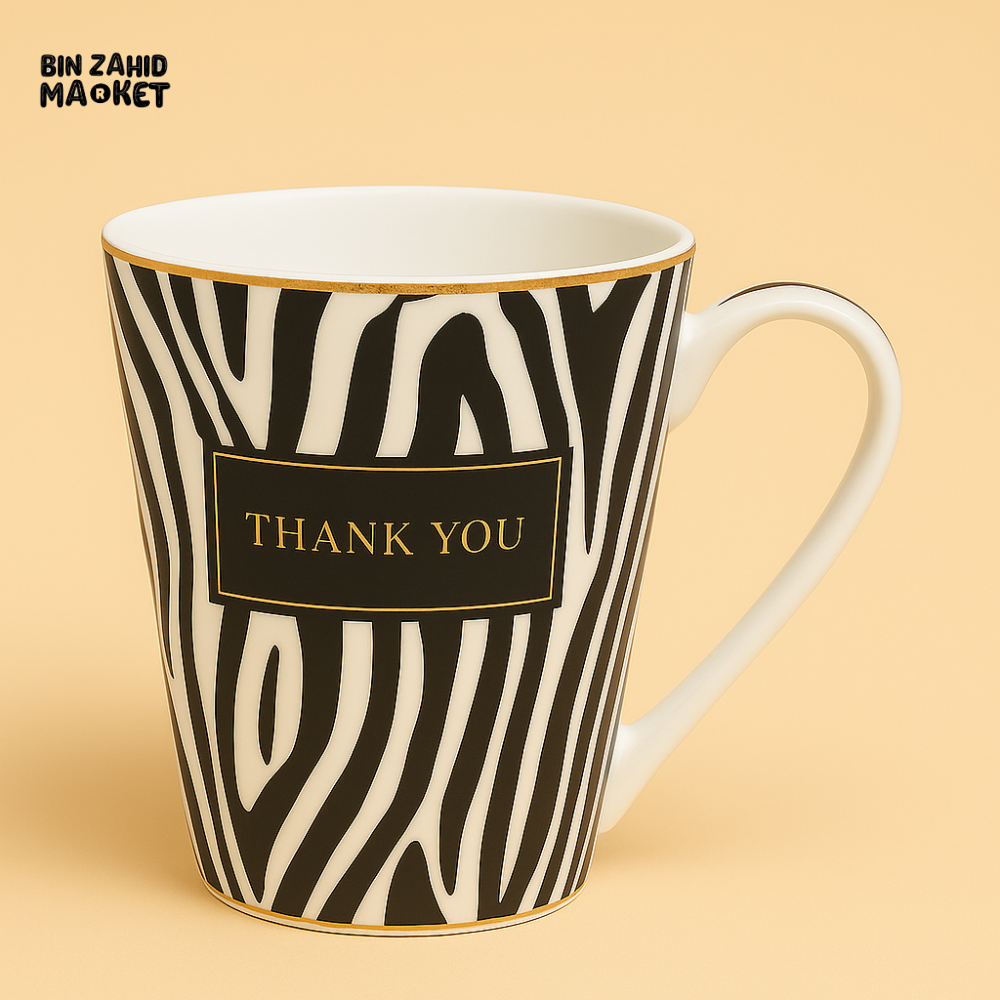 CERAMIC COFFEE MUG – BLACK & WHITE ZEBRA STRIPES WITH GOLD RIM AND THANK YOU