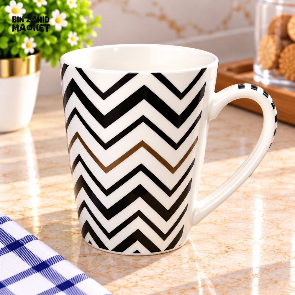 CERAMIC COFFEE MUG WITH BLACK CHEVRON PATTERN - Mugs