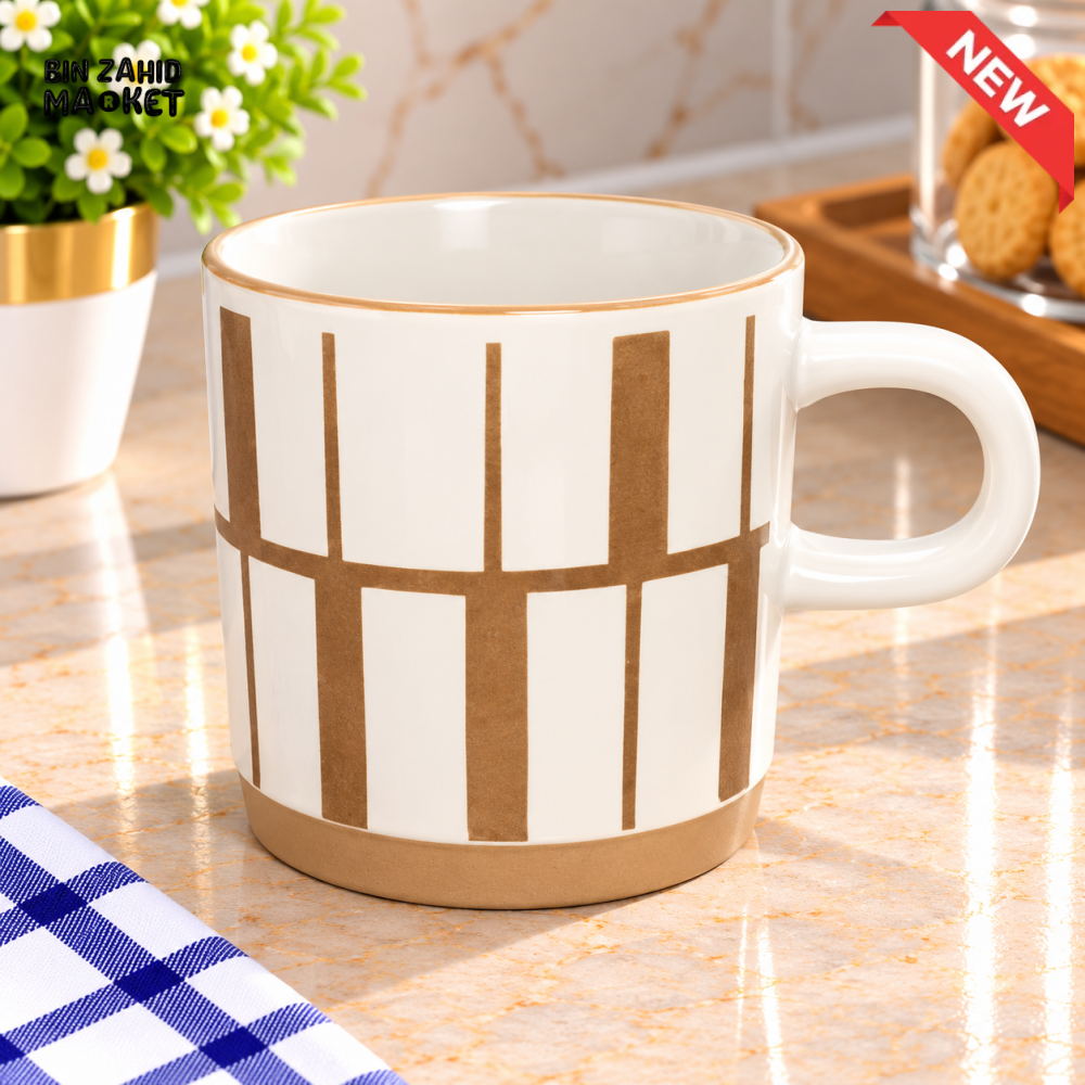 CERAMIC COFFEE MUG WITH BROWN GEOMETRIC GRID PATTERN - Mugs