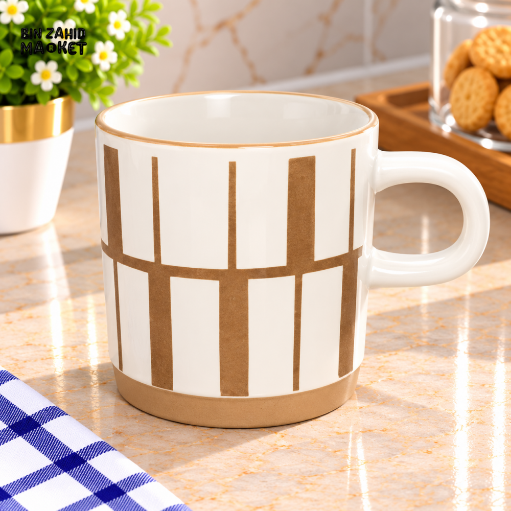 CERAMIC COFFEE MUG WITH BROWN GEOMETRIC GRID PATTERN - Mugs
