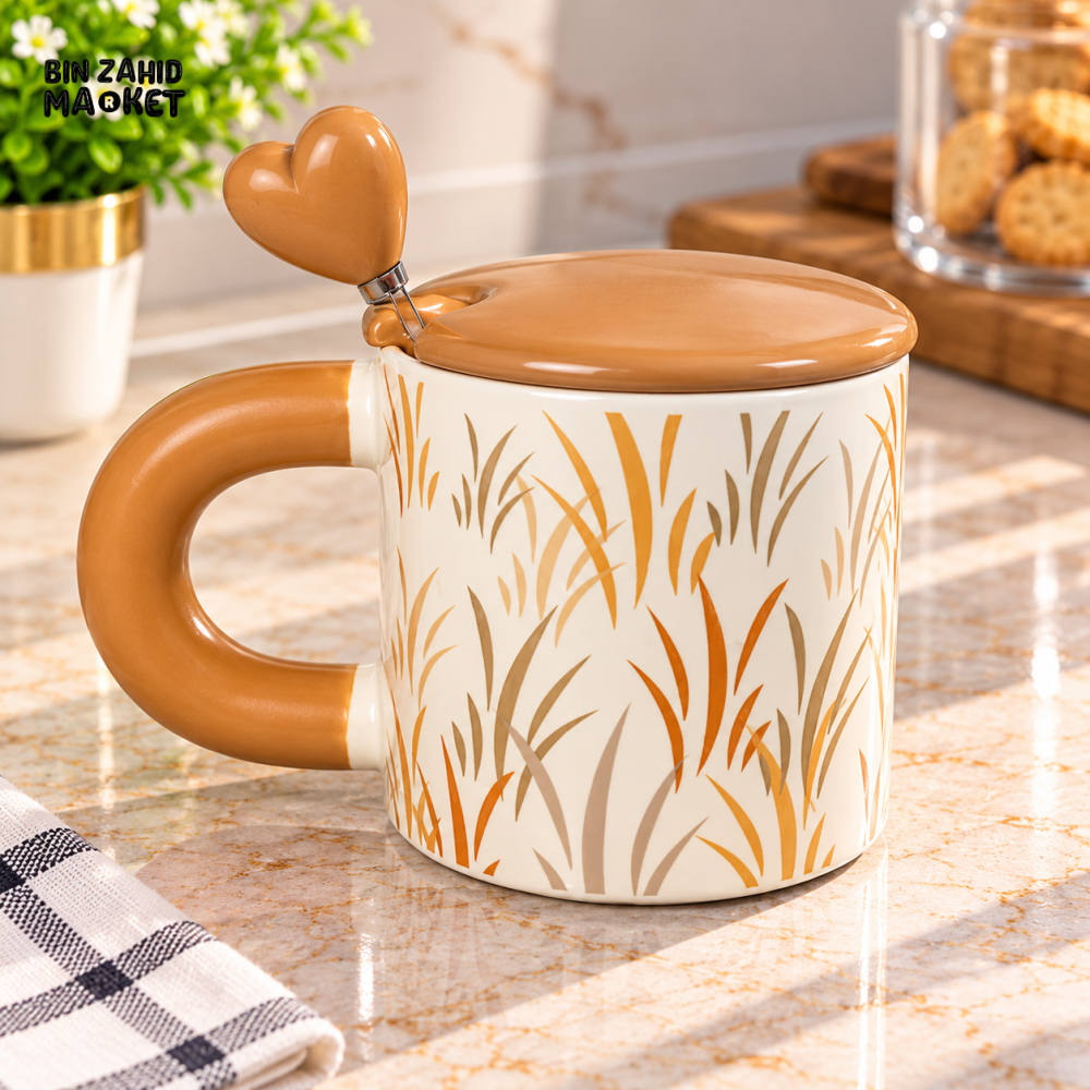 CERAMIC COFFEE MUG WITH LID AND HEART SHAPED SPOON - Mugs