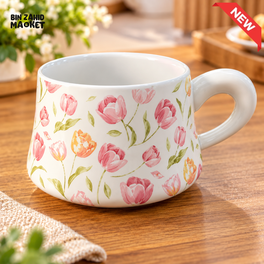 CERAMIC COFFEE MUG WITH PINK TULIP FLORAL DESIGN - Mugs