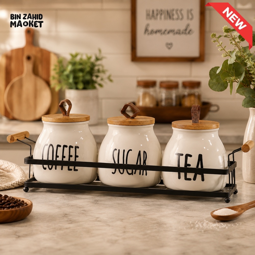 CERAMIC COFFEE SUGAR & TEA CANISTER SET WITH METAL RACK