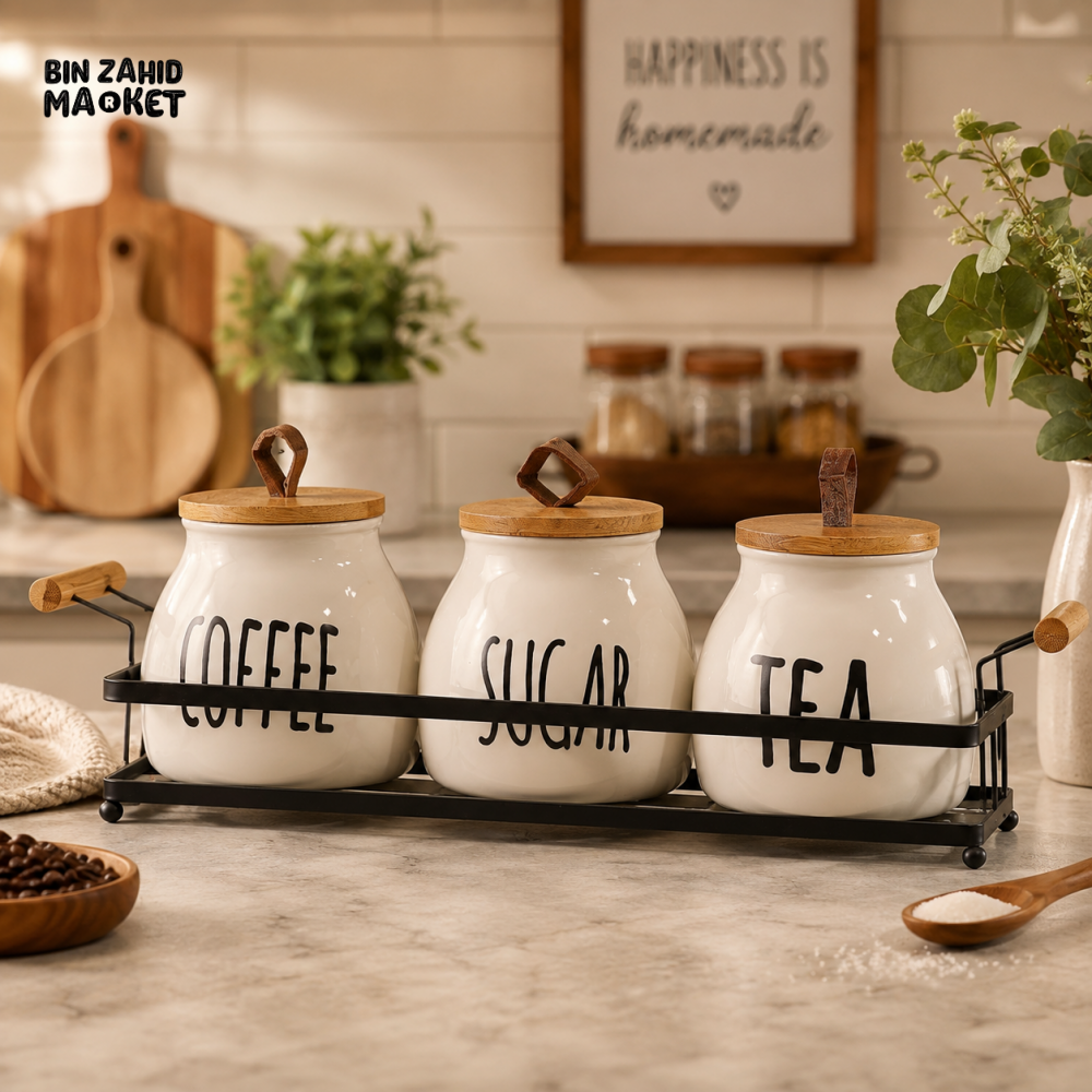 CERAMIC COFFEE SUGAR & TEA CANISTER SET WITH METAL RACK