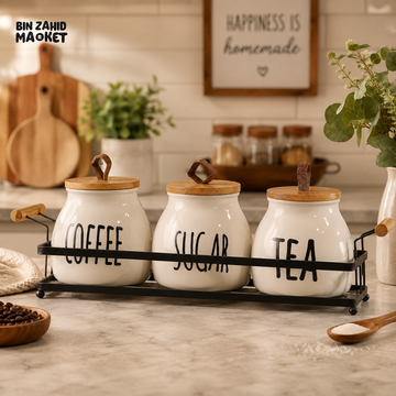 CERAMIC COFFEE SUGAR & TEA CANISTER SET WITH METAL RACK