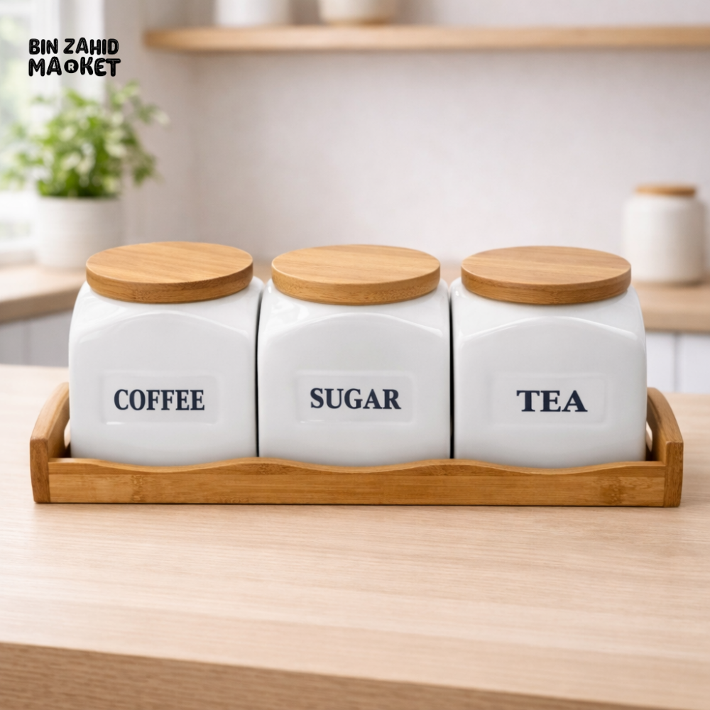 CERAMIC COFFEE SUGAR TEA JAR SET WITH BAMBOO LIDS & WOODEN TRAY