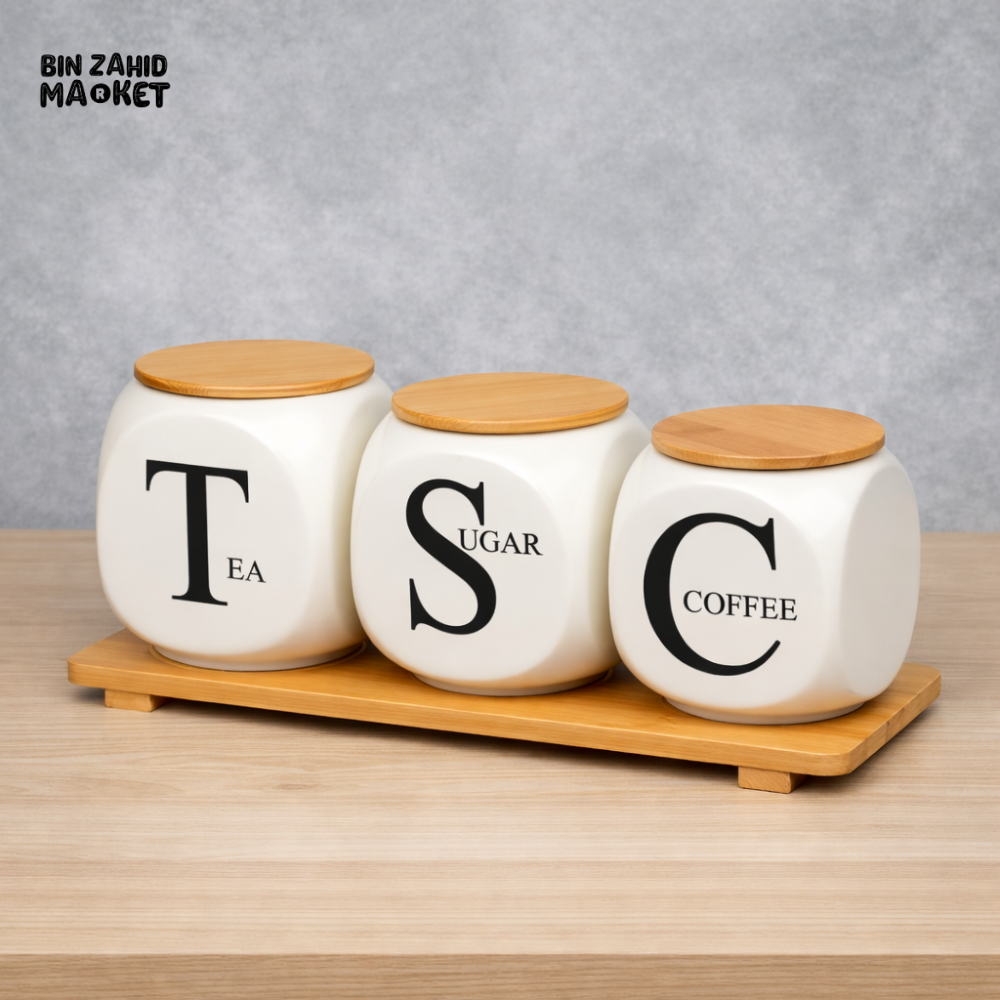 CERAMIC COFFEE SUGAR TEA STORAGE JAR SET WITH BAMBOO LIDS – KITCHEN CANISTER SET WITH WOODEN TRAY