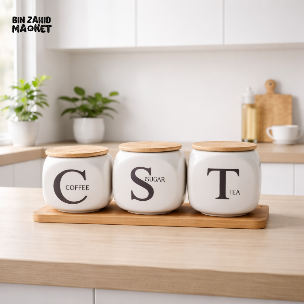CERAMIC COFFEE SUGAR TEA STORAGE JAR SET WITH BAMBOO LIDS – KITCHEN CANISTER SET WITH WOODEN TRAY