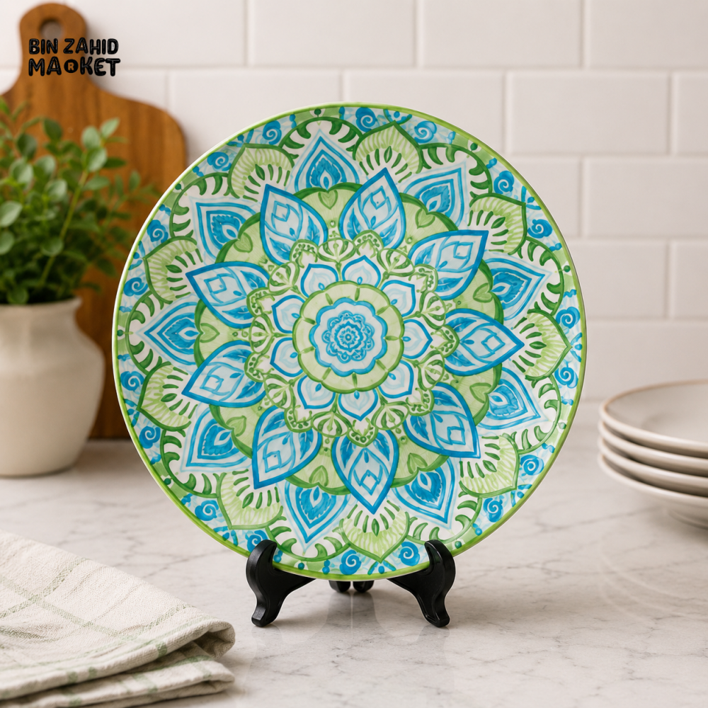 CERAMIC DINNER PLATE – BLUE & GREEN MANDALA DESIGN -10 INCH