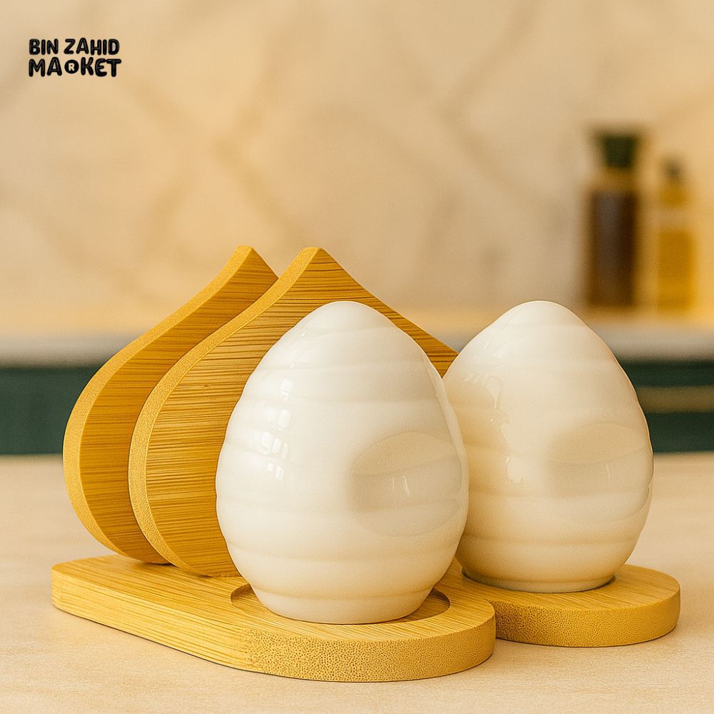 CERAMIC EGG SHAPE SALT & PEPPER SHAKER SET WITH BAMBOO TRAY – LUXURY KITCHEN TABLEWARE
