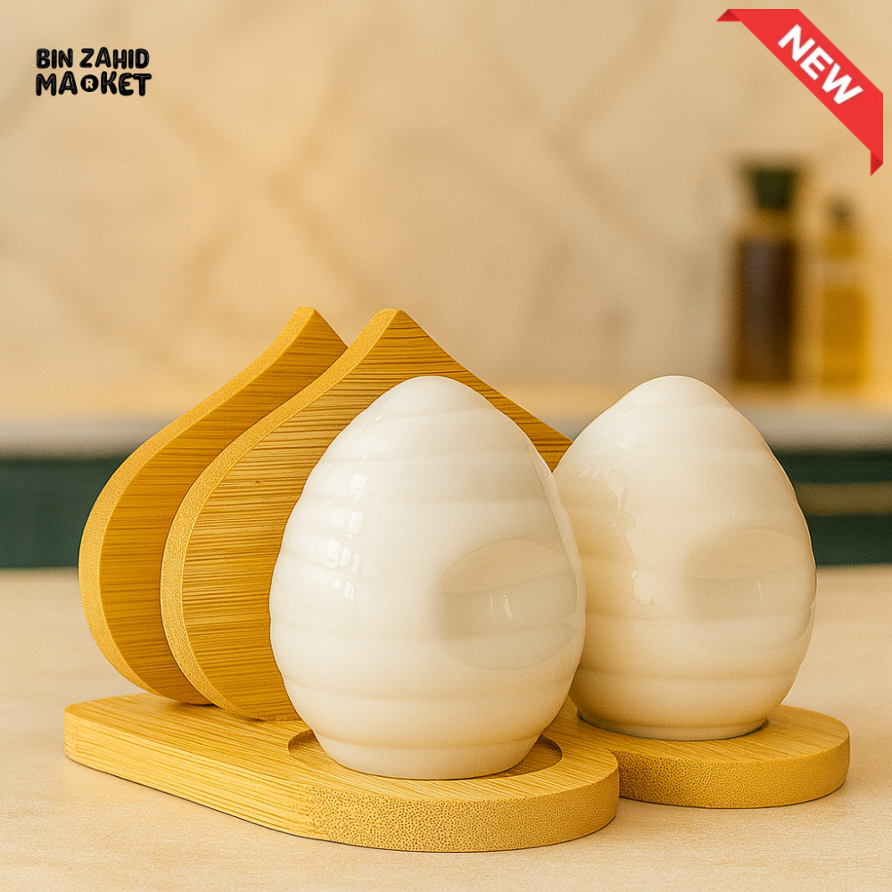 CERAMIC EGG SHAPE SALT & PEPPER SHAKER SET WITH BAMBOO TRAY – LUXURY KITCHEN TABLEWARE