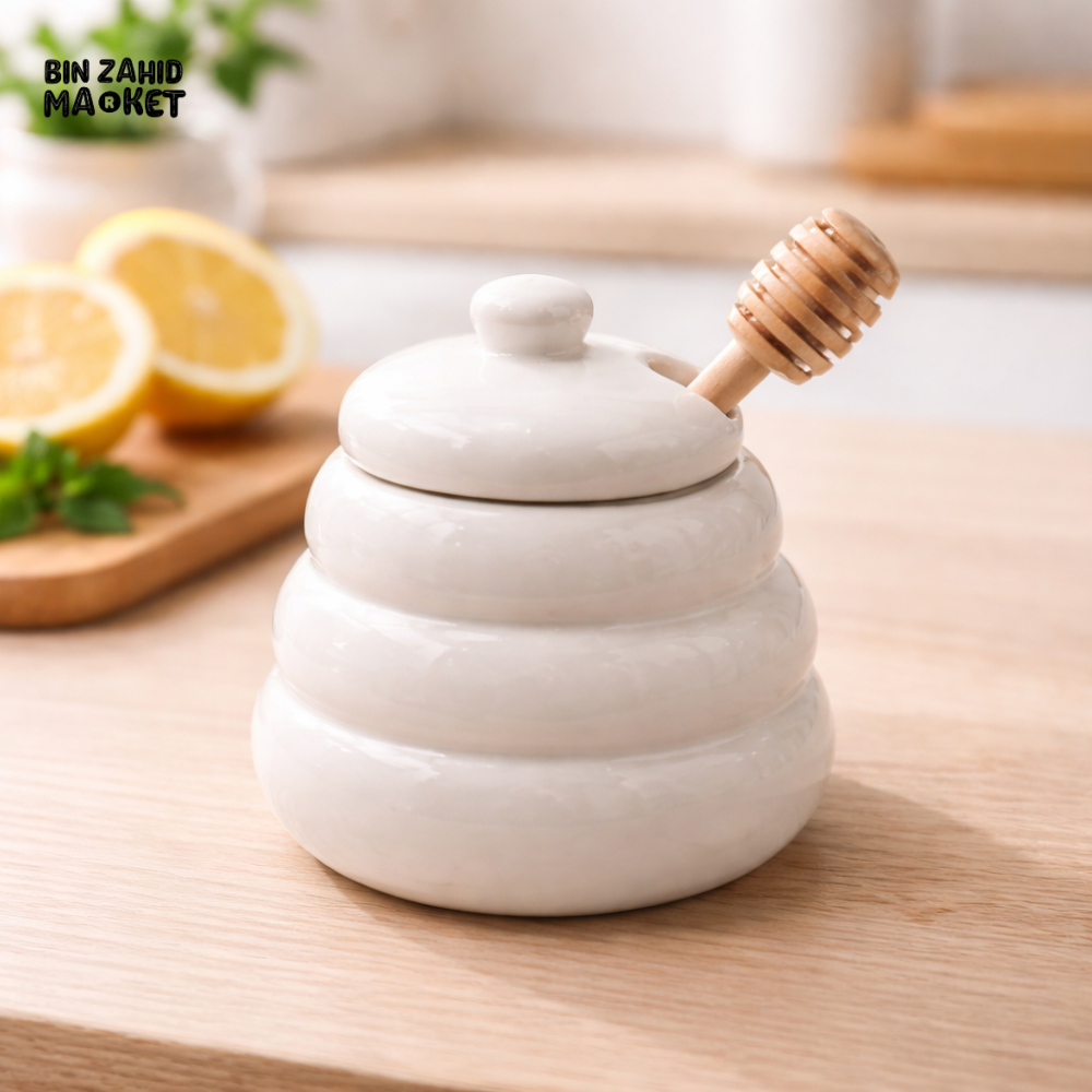 CERAMIC HONEY POT WITH WOODEN DIPPER – BEEHIVE STYLE HONEY JAR