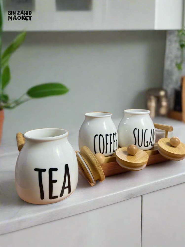 CERAMIC JAR SET – COFFEE TEA & SUGAR CONTAINERS WITH BAMBOO LIDS PERFECT FOR KITCHEN COUNTER ORGANIZATION SET OF 3