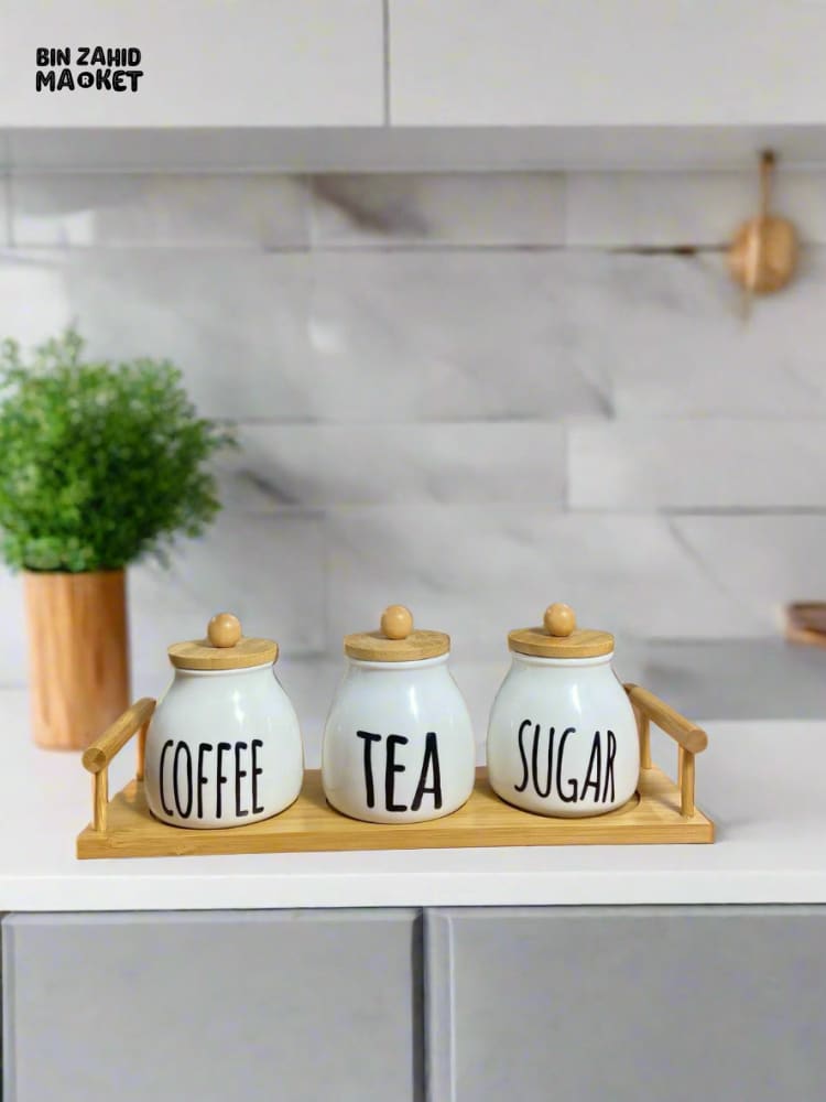 CERAMIC JAR SET – COFFEE TEA & SUGAR CONTAINERS WITH BAMBOO LIDS PERFECT FOR KITCHEN COUNTER ORGANIZATION SET OF 3