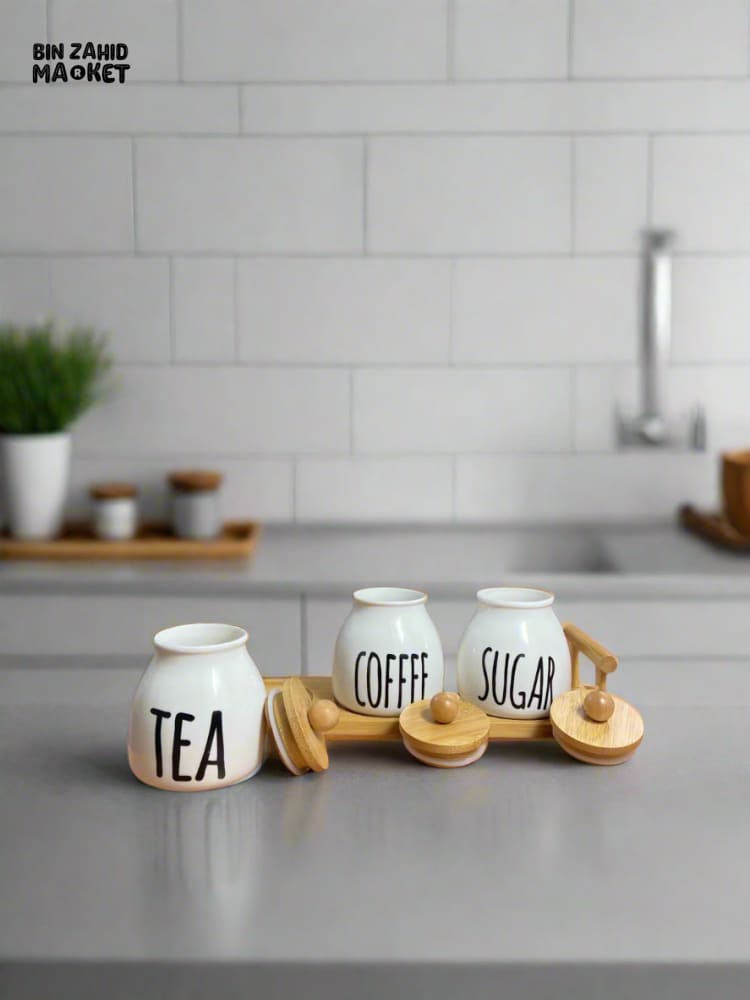 CERAMIC JAR SET – COFFEE TEA & SUGAR CONTAINERS WITH BAMBOO LIDS PERFECT FOR KITCHEN COUNTER ORGANIZATION SET OF 3