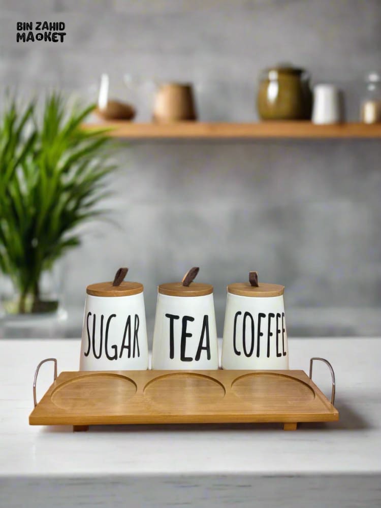 CERAMIC JAR SET – SUGAR COFFEE & TEA WITH WOODEN LIDS & TRAY 3 PIECES SET