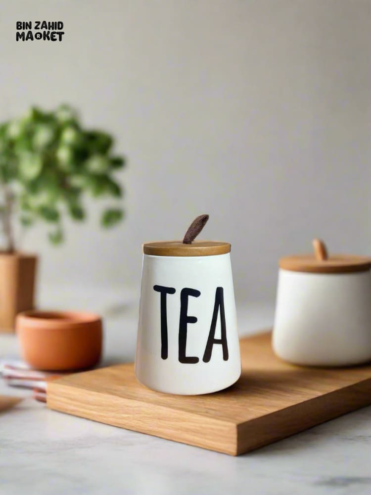 CERAMIC JAR SET – SUGAR COFFEE & TEA WITH WOODEN LIDS & TRAY 3 PIECES SET