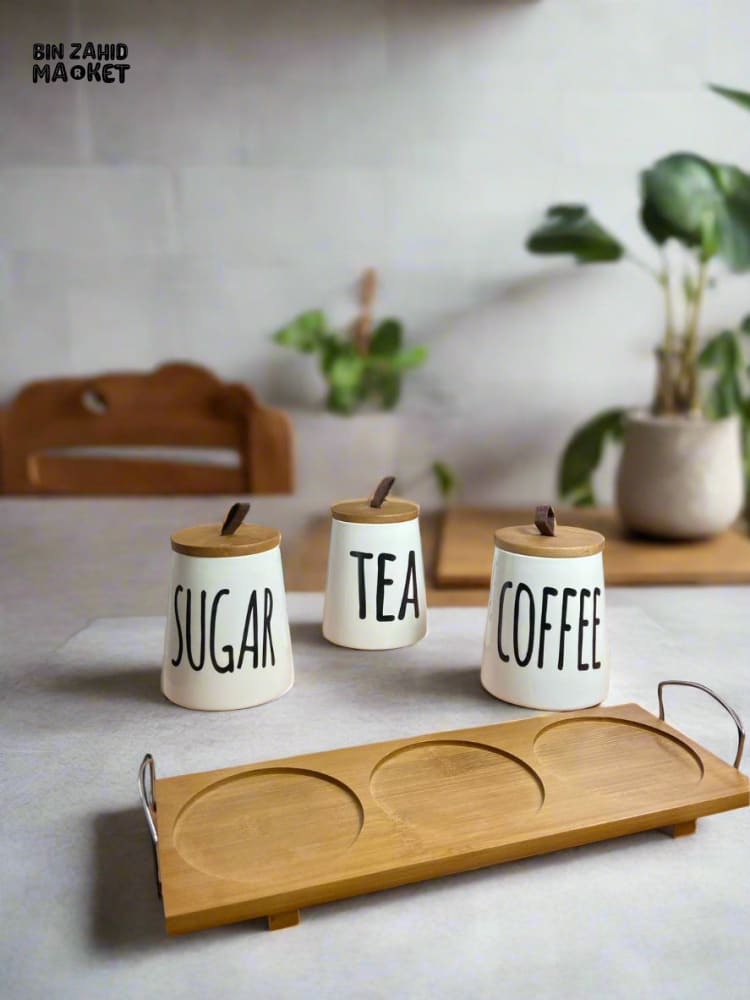 CERAMIC JAR SET – SUGAR COFFEE & TEA WITH WOODEN LIDS & TRAY 3 PIECES SET