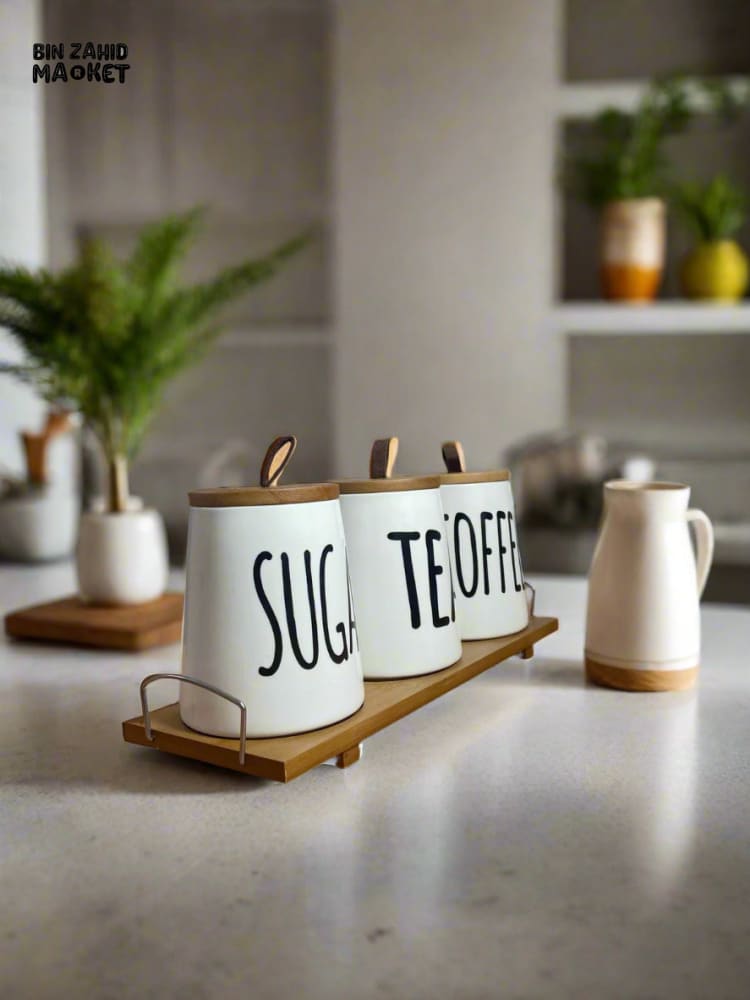 CERAMIC JAR SET – SUGAR COFFEE & TEA WITH WOODEN LIDS & TRAY 3 PIECES SET