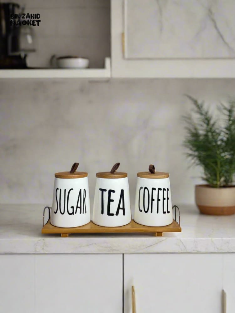 CERAMIC JAR SET – SUGAR COFFEE & TEA WITH WOODEN LIDS & TRAY 3 PIECES SET
