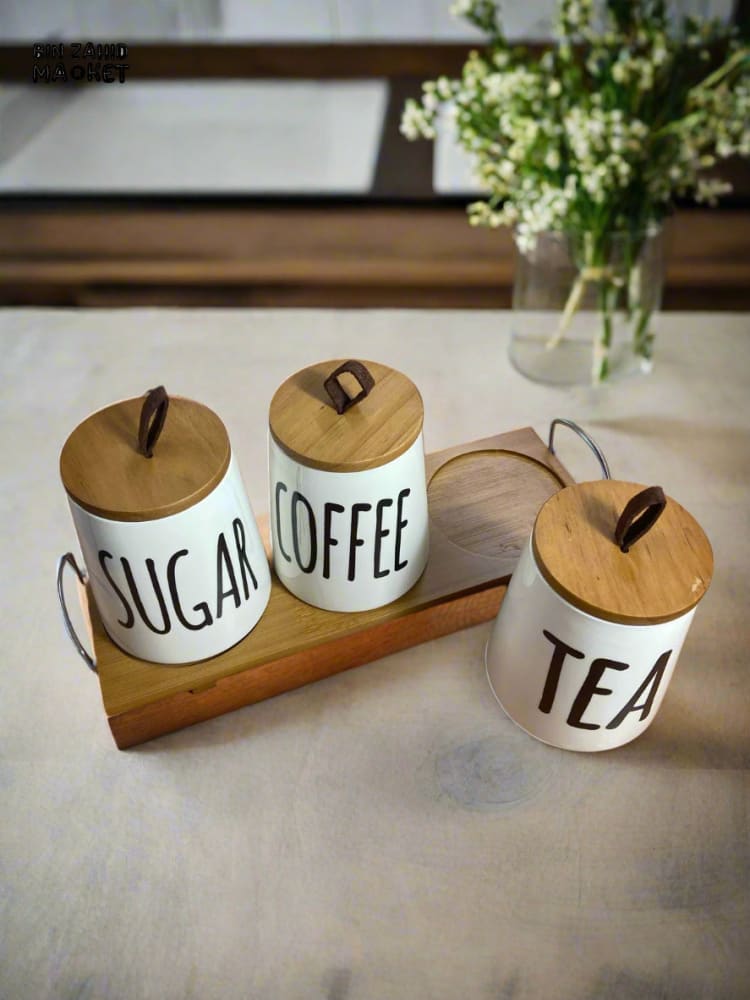 CERAMIC JAR SET – SUGAR COFFEE & TEA WITH WOODEN LIDS & TRAY 3 PIECES SET