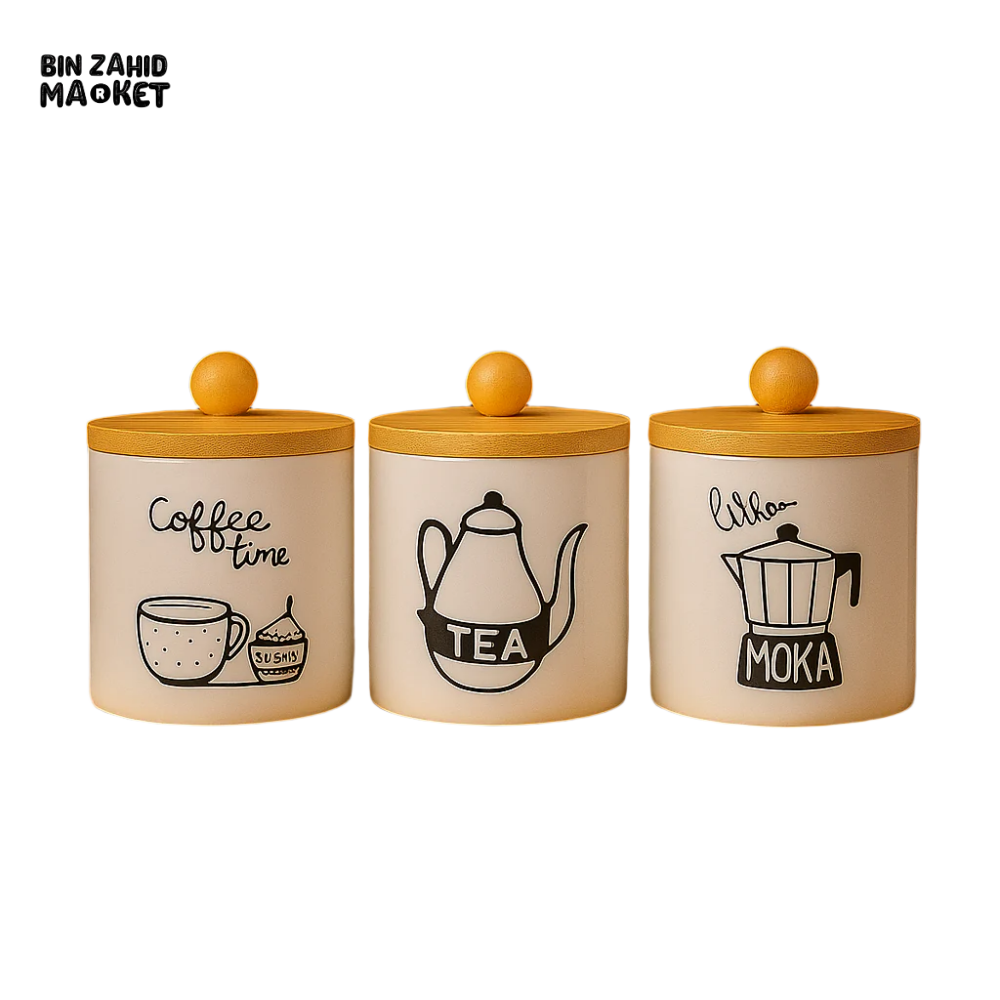 CERAMIC JAR SET WITH BAMBOO LIDS & TRAY – 3-PIECE COFFEE TEA & SUGAR CONTAINER SET FOR KITCHEN STORAGE