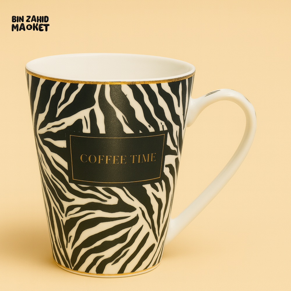 CERAMIC MUG – BLACK & WHITE ZEBRA STRIPES WITH GOLD RIM AND COFFEE TIME TEXT ELEGANT TEA & COFFEE CUP