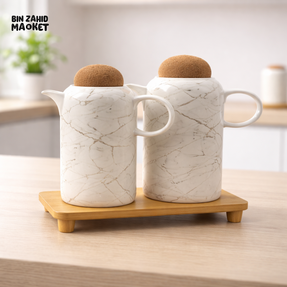 CERAMIC OIL AND VINEGAR DISPENSER SET WITH BAMBOO TRAY – MODERN MARBLE STYLE KITCHEN SAUCE BOTTLE SET