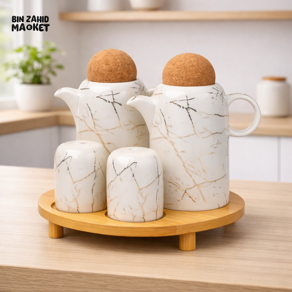 CERAMIC OIL VINEGAR SALT PEPPER SET WITH BAMBOO TRAY – MARBLE STYLE KITCHEN CONDIMENT DISPENSER SET