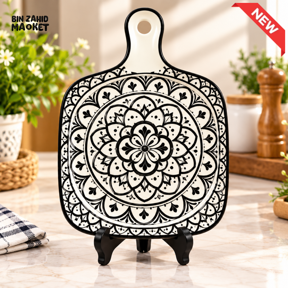CERAMIC PADDLE SERVING BOARD WITH BLACK MANDALA DESIGN - Boards