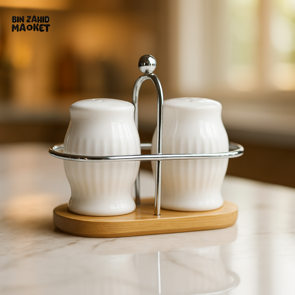 CERAMIC SALT & PEPPER SHAKER SET WITH CHROME HOLDER AND BAMBOO BASE
