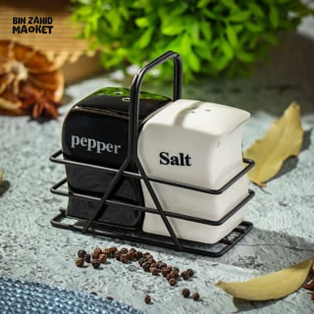 CERAMIC SALT & PEPPER SHAKER SET WITH IRON FRAME – KITCHEN DECOR & SPICE ORGANIZER