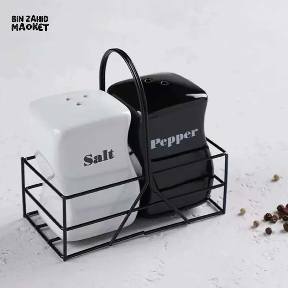 CERAMIC SALT & PEPPER SHAKER SET WITH IRON FRAME – KITCHEN DECOR & SPICE ORGANIZER