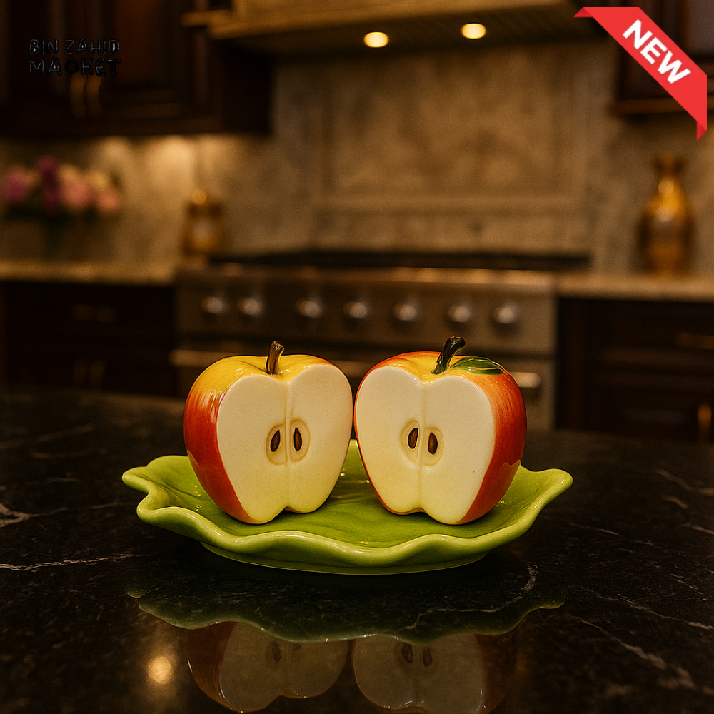 CERAMIC SALT & PEPPER SHAKER SET WITH LEAF TRAY - APPLE YM11