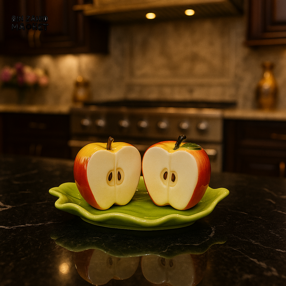 CERAMIC SALT & PEPPER SHAKER SET WITH LEAF TRAY - APPLE YM11