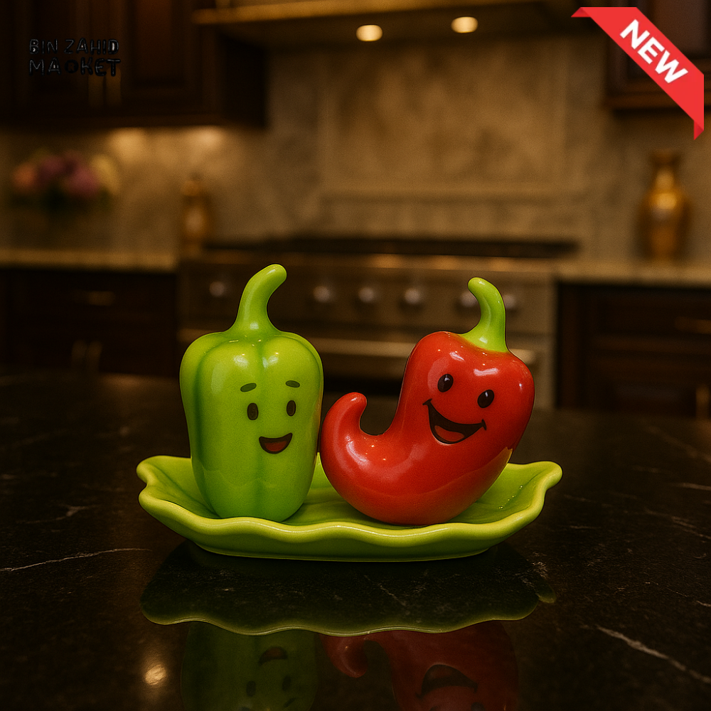 CERAMIC SALT & PEPPER SHAKER SET WITH LEAF TRAY - CHILLI YM30