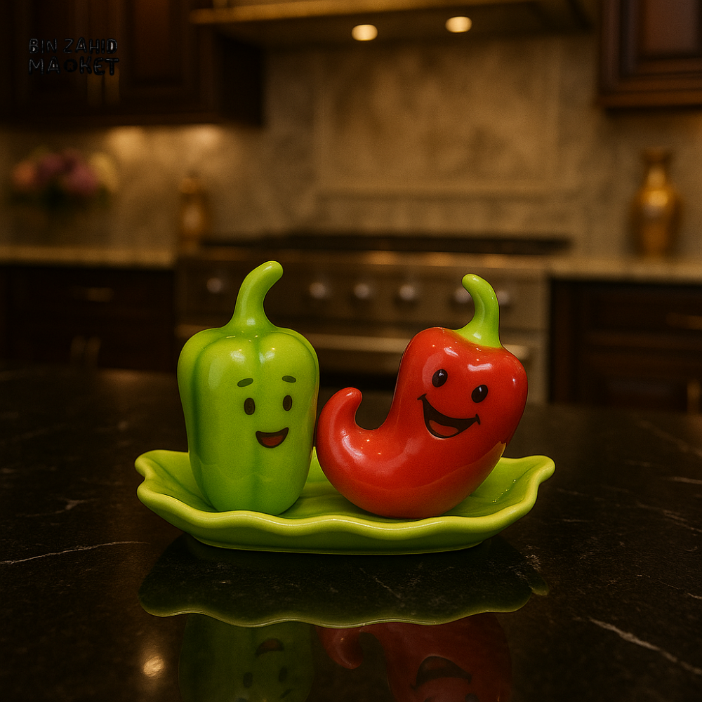 CERAMIC SALT & PEPPER SHAKER SET WITH LEAF TRAY - CHILLI YM30