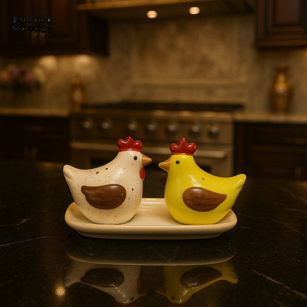 CERAMIC SALT & PEPPER SHAKER SET WITH LEAF TRAY - HENS KM16011