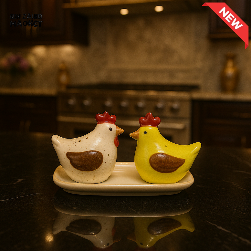 CERAMIC SALT & PEPPER SHAKER SET WITH LEAF TRAY - HENS KM16011