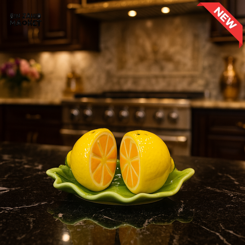 CERAMIC SALT & PEPPER SHAKER SET WITH LEAF TRAY - LEMON 16014