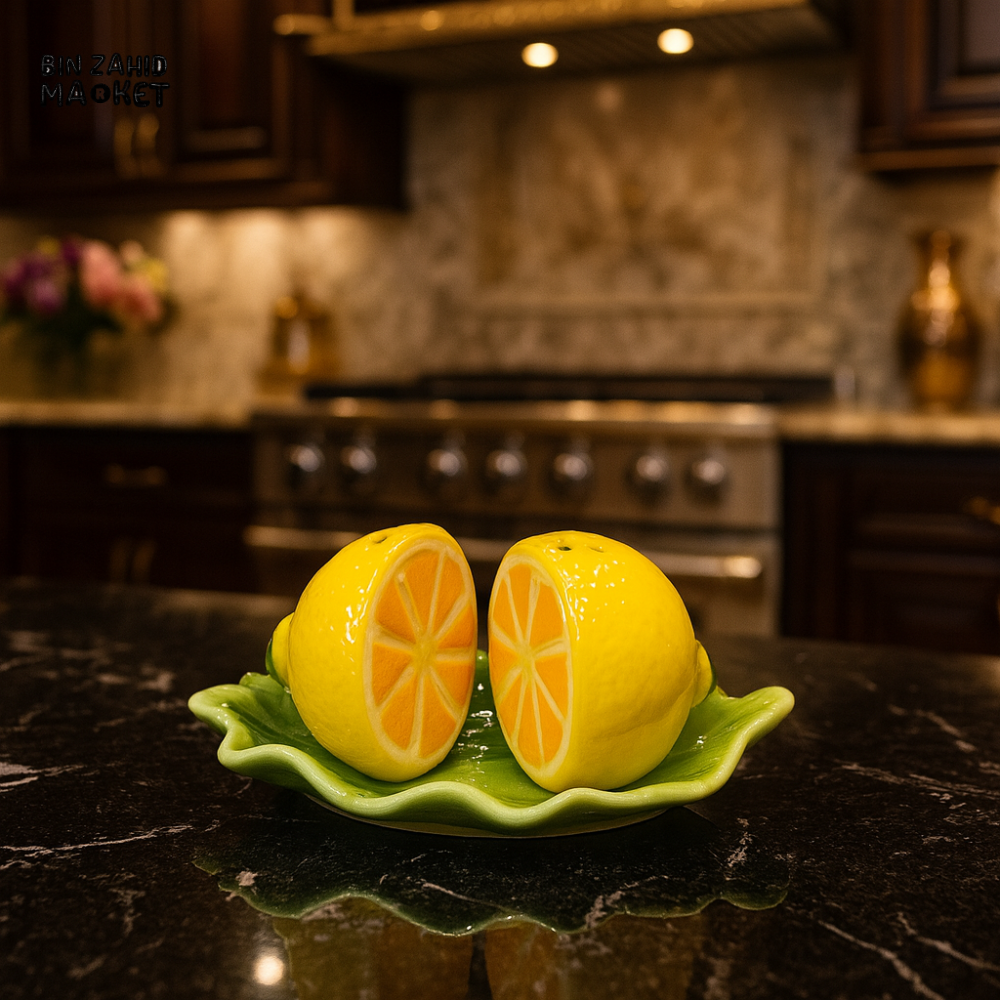 CERAMIC SALT & PEPPER SHAKER SET WITH LEAF TRAY - LEMON 16014