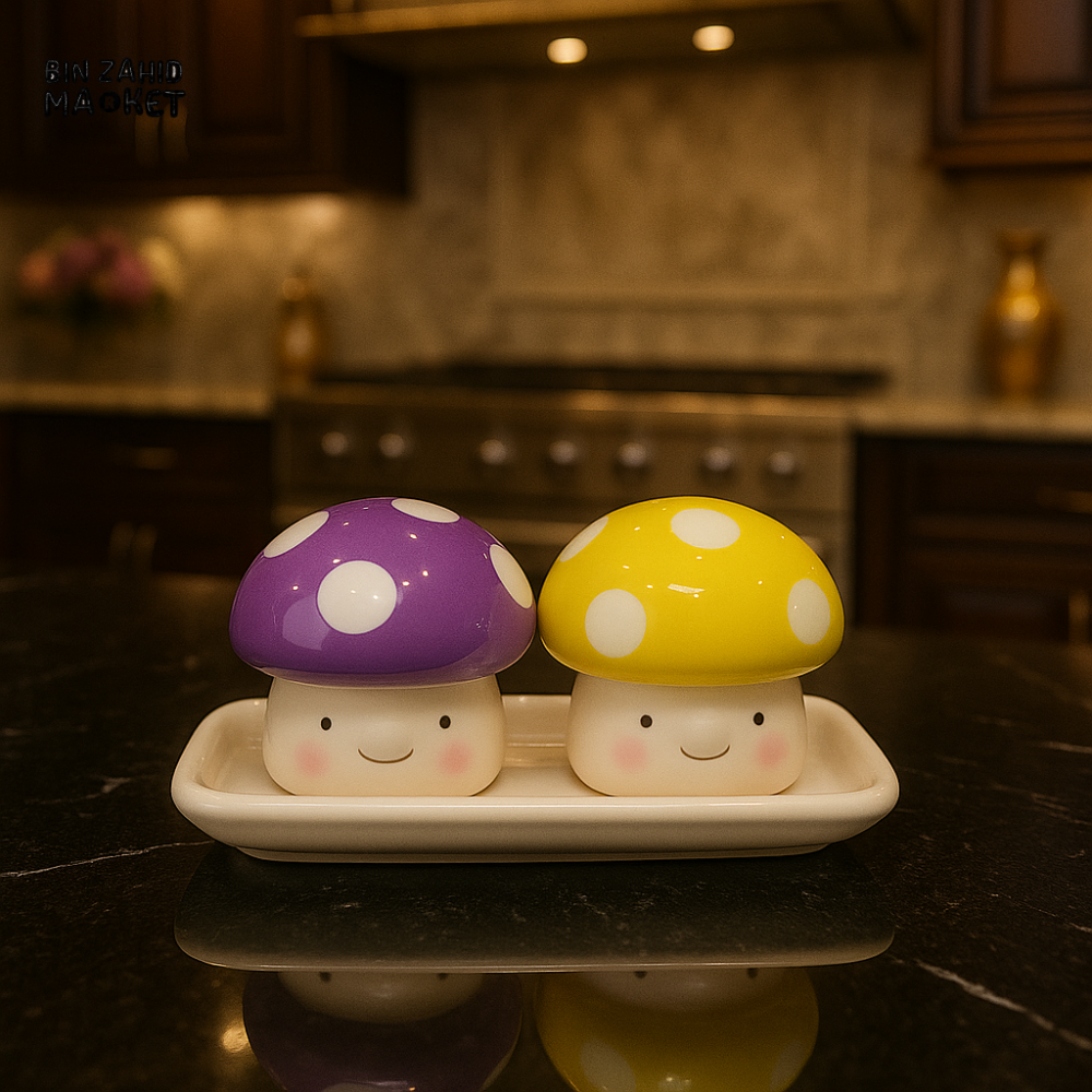 CERAMIC SALT & PEPPER SHAKER SET WITH LEAF TRAY - MUSHROOM YM26