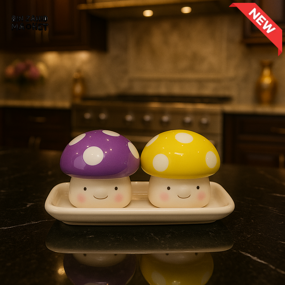 CERAMIC SALT & PEPPER SHAKER SET WITH LEAF TRAY - MUSHROOM YM26